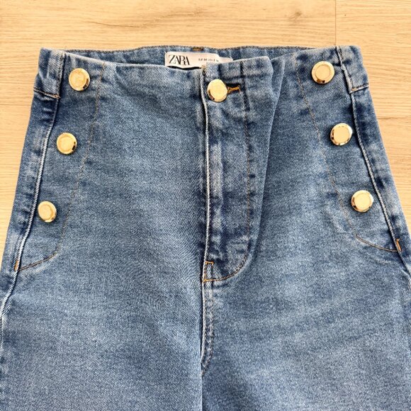 Zara Sailor Marine Jeans Wide Leg High Waist Crop Blue Gold Button Size 2 - Picture 3 of 7